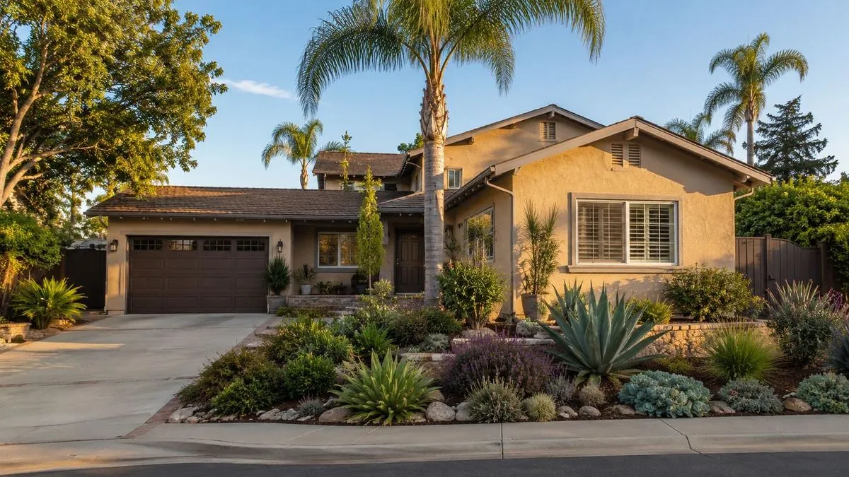 San Diego stucco home with drought landscaping
